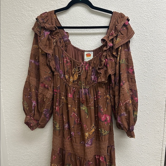 FARM RIO Dotted Horses Elegant Brown Ruffled Maxi Dress Size Medium - Picture 6 of 9